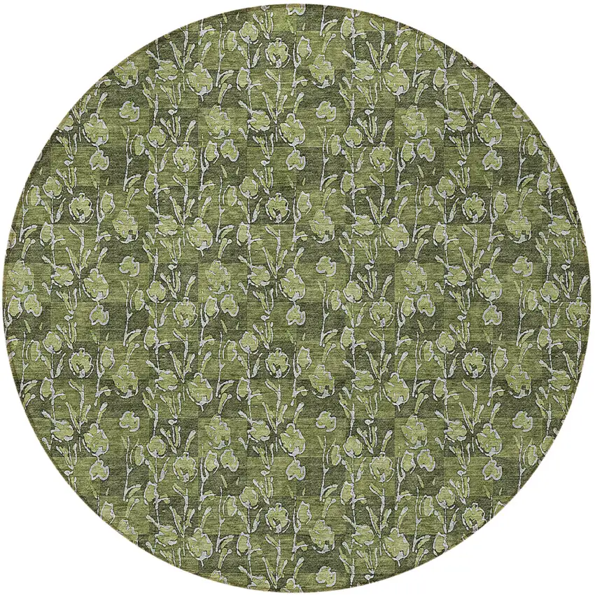 8' Olive Green Artichoke Green And Ivory Round Floral Washable Indoor Outdoor Area Rug Photo 5