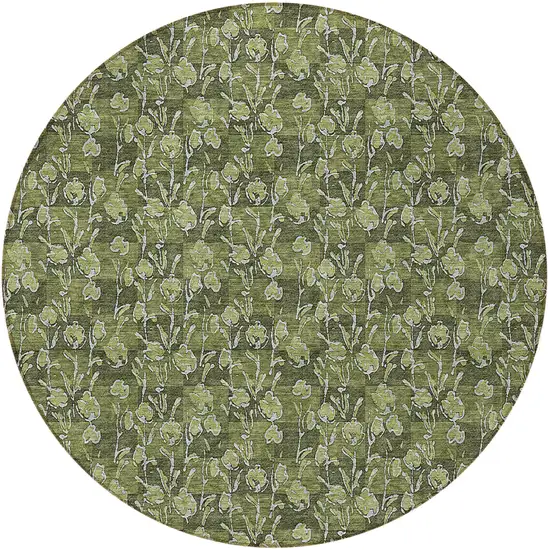 8' Olive Green Artichoke Green And Ivory Round Floral Washable Indoor Outdoor Area Rug Photo 5