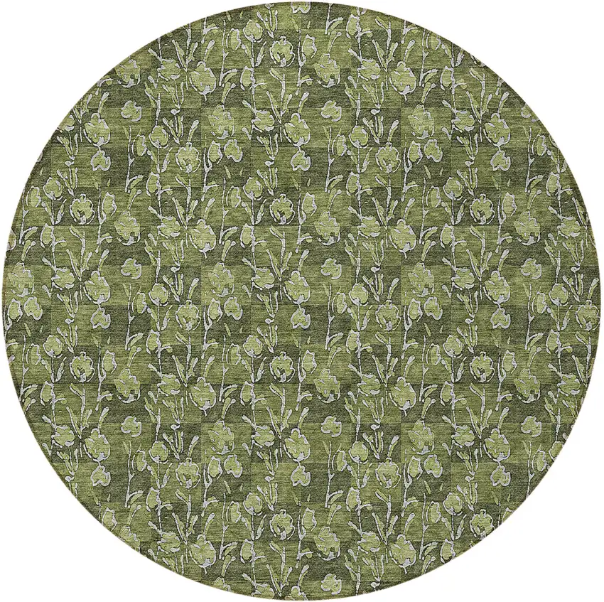 8' Olive Green Artichoke Green And Ivory Round Floral Washable Indoor Outdoor Area Rug Photo 5