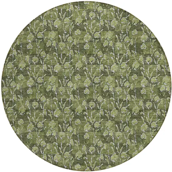 8' Olive Green Artichoke Green And Ivory Round Floral Washable Indoor Outdoor Area Rug Photo 2