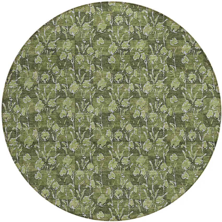8' Olive Green Artichoke Green And Ivory Round Floral Washable Indoor Outdoor Area Rug Photo 2