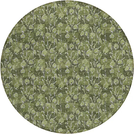 8' Olive Green Artichoke Green And Ivory Round Floral Washable Indoor Outdoor Area Rug Photo 2
