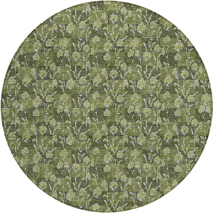 8' Olive Green Artichoke Green And Ivory Round Floral Washable Indoor Outdoor Area Rug Photo 2