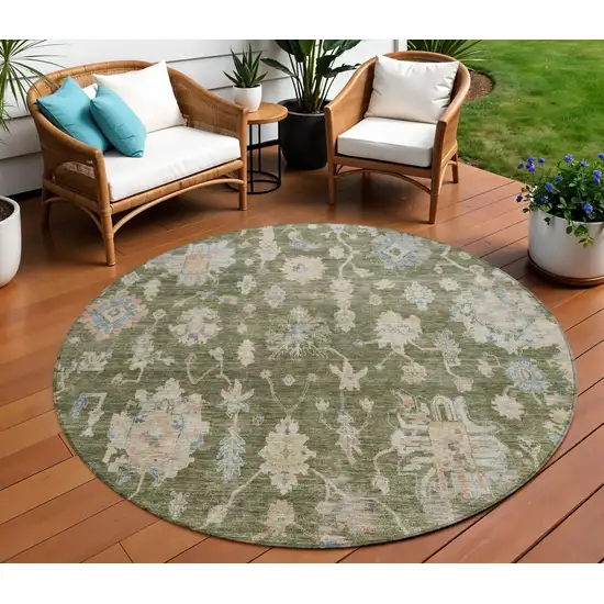 8' Olive Green Beige And Blue Round Floral Washable Indoor Outdoor Area Rug Photo 1