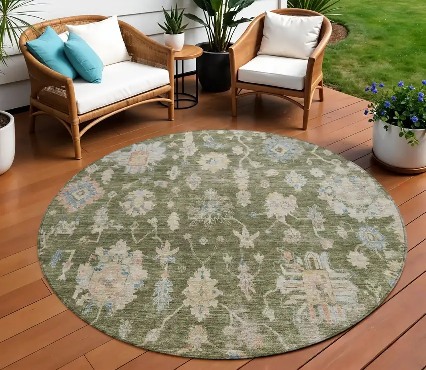 8' Olive Green Beige And Blue Round Floral Washable Indoor Outdoor Area Rug Photo 1