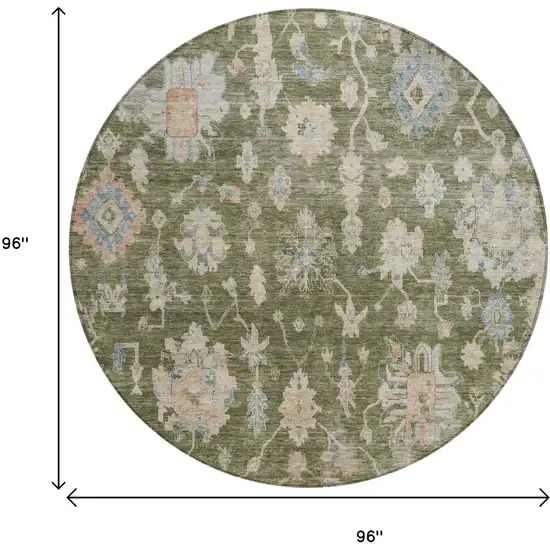 8' Olive Green Beige And Blue Round Floral Washable Indoor Outdoor Area Rug Photo 3