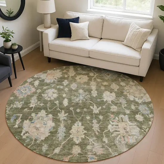 8' Olive Green Beige And Blue Round Floral Washable Indoor Outdoor Area Rug Photo 5