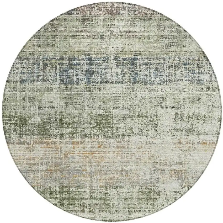 8' Olive Green Beige And Brown Round Striped Washable Indoor Outdoor Area Rug Photo 3