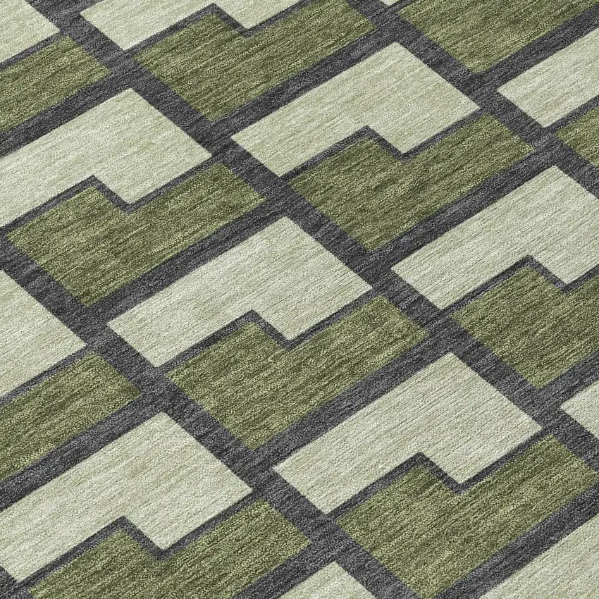 8' Olive Green Beige And Charcoal Round Geometric Washable Indoor Outdoor Area Rug Photo 9