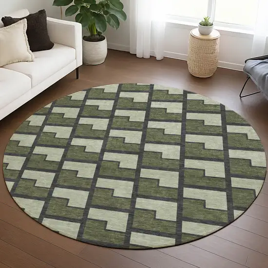 8' Olive Green Beige And Charcoal Round Geometric Washable Indoor Outdoor Area Rug Photo 5