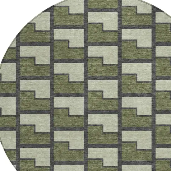 8' Olive Green Beige And Charcoal Round Geometric Washable Indoor Outdoor Area Rug Photo 2