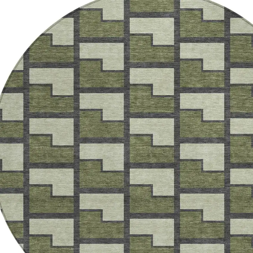 8' Olive Green Beige And Charcoal Round Geometric Washable Indoor Outdoor Area Rug Photo 2