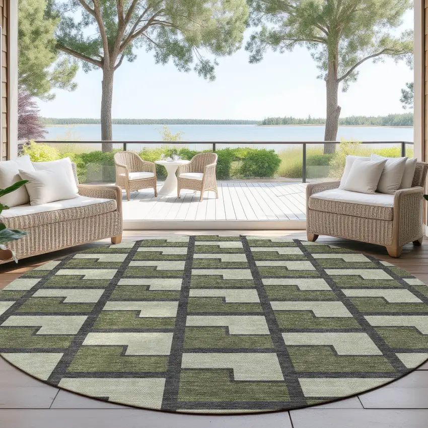 8' Olive Green Beige And Charcoal Round Geometric Washable Indoor Outdoor Area Rug Photo 4