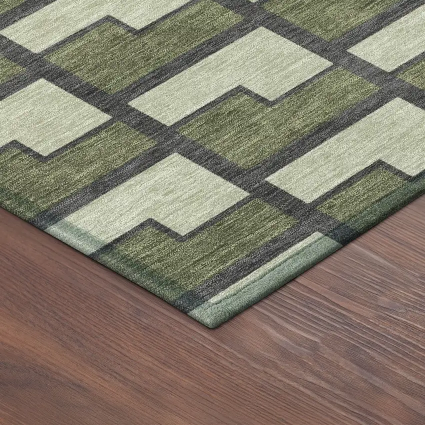 8' Olive Green Beige And Charcoal Round Geometric Washable Indoor Outdoor Area Rug Photo 8