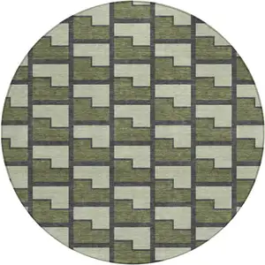 Photo of 8' Olive Green Beige And Charcoal Round Geometric Washable Indoor Outdoor Area Rug