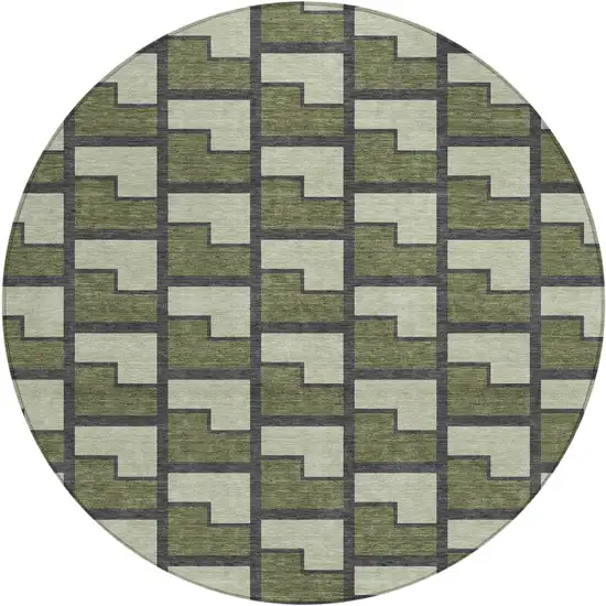8' Olive Green Beige And Charcoal Round Geometric Washable Indoor Outdoor Area Rug Photo 1