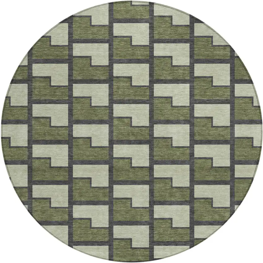 8' Olive Green Beige And Charcoal Round Geometric Washable Indoor Outdoor Area Rug Photo 1