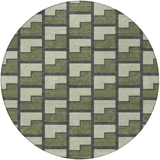 8' Olive Green Beige And Charcoal Round Geometric Washable Indoor Outdoor Area Rug Photo 3