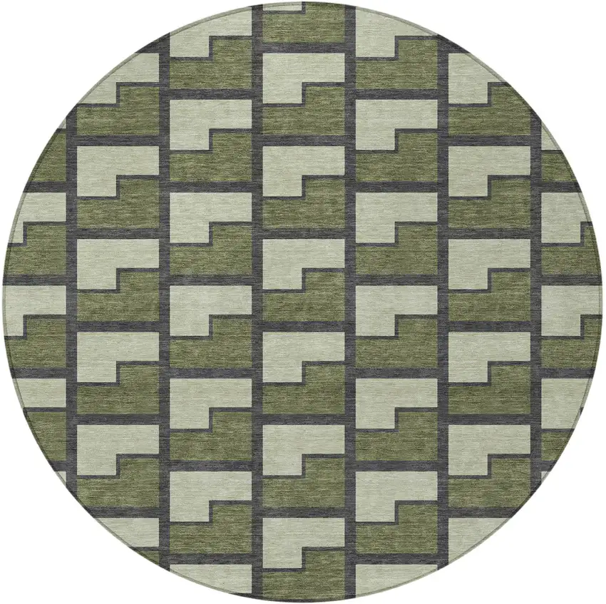 8' Olive Green Beige And Charcoal Round Geometric Washable Indoor Outdoor Area Rug Photo 3