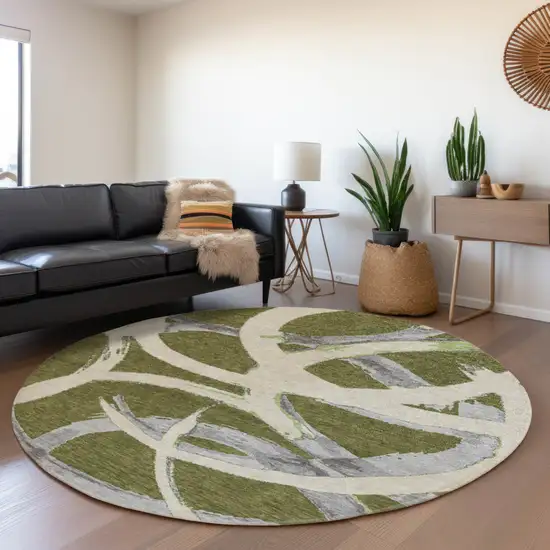 8' Olive Green Beige And Gray Round Abstract Washable Indoor Outdoor Area Rug Photo 7