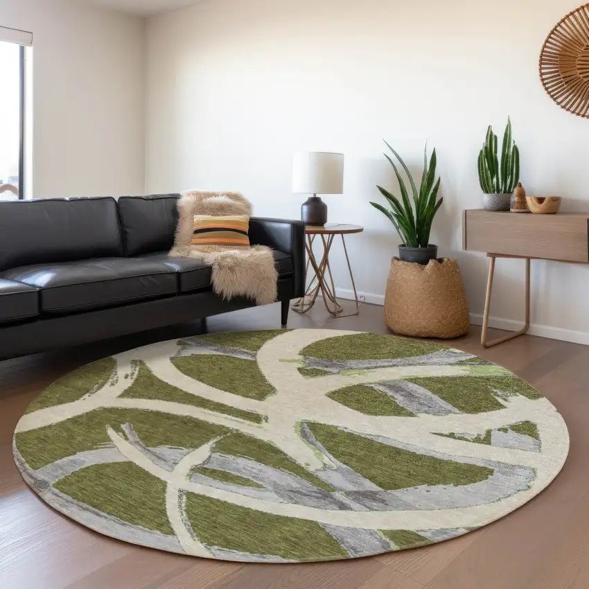 8' Olive Green Beige And Gray Round Abstract Washable Indoor Outdoor Area Rug Photo 7