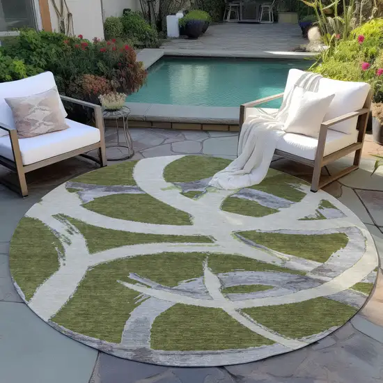 8' Olive Green Beige And Gray Round Abstract Washable Indoor Outdoor Area Rug Photo 6