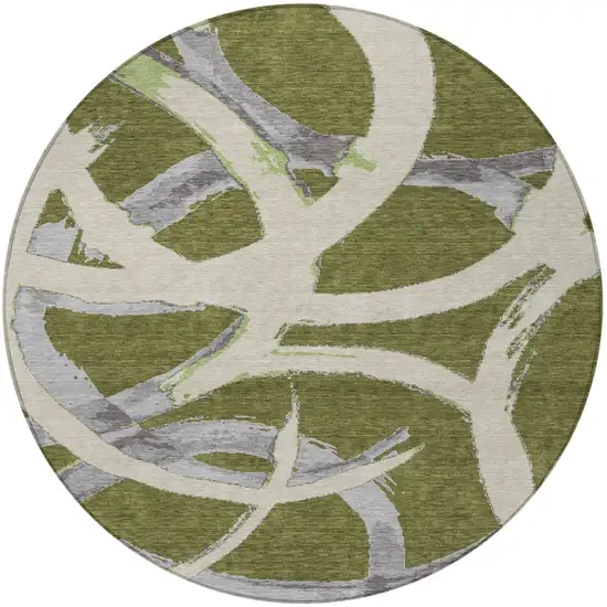 8' Olive Green Beige And Gray Round Abstract Washable Indoor Outdoor Area Rug Photo 5