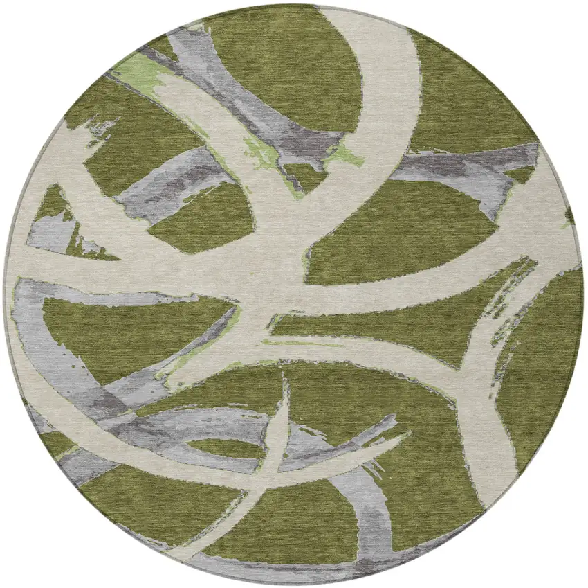 8' Olive Green Beige And Gray Round Abstract Washable Indoor Outdoor Area Rug Photo 5