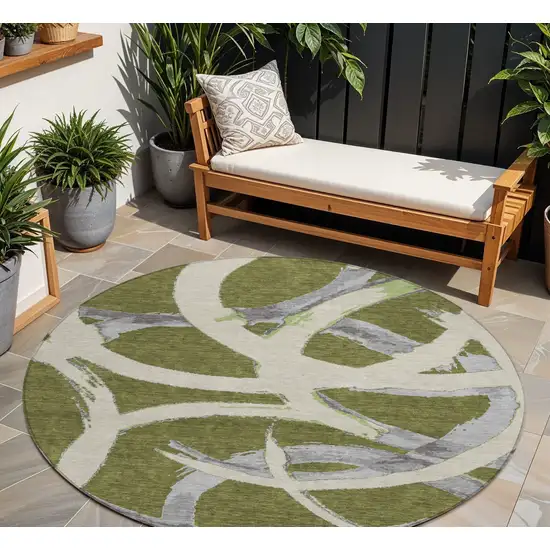 8' Olive Green Beige And Gray Round Abstract Washable Indoor Outdoor Area Rug Photo 1