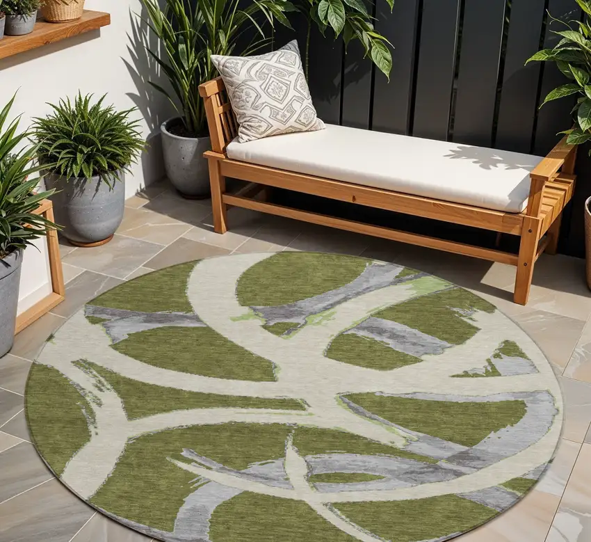 8' Olive Green Beige And Gray Round Abstract Washable Indoor Outdoor Area Rug Photo 1