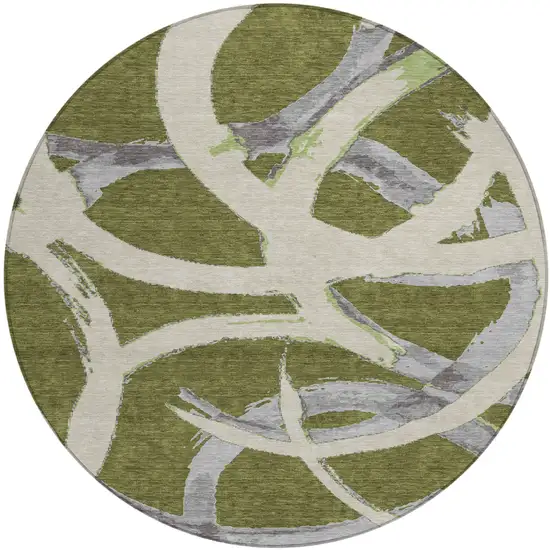 8' Olive Green Beige And Gray Round Abstract Washable Indoor Outdoor Area Rug Photo 2