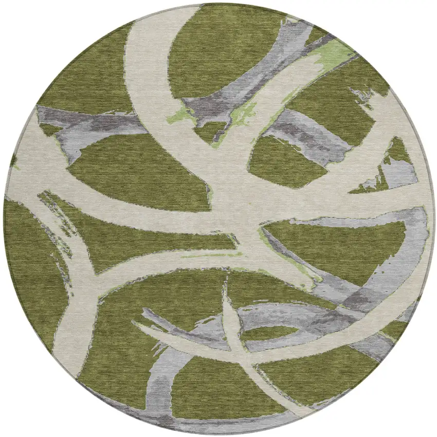 8' Olive Green Beige And Gray Round Abstract Washable Indoor Outdoor Area Rug Photo 2