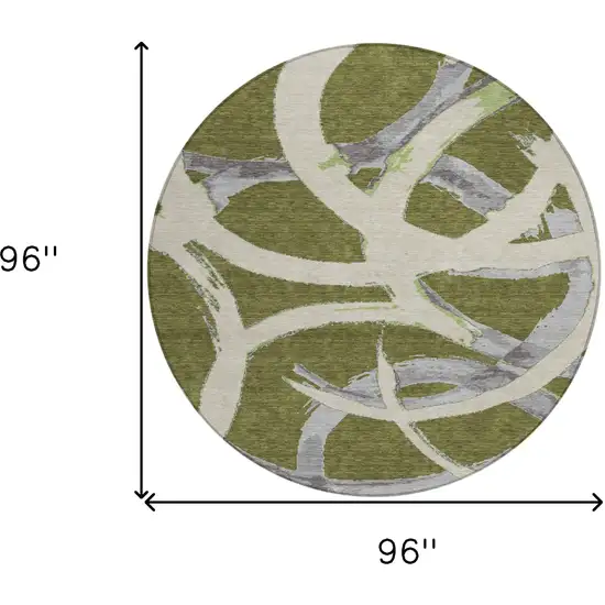 8' Olive Green Beige And Gray Round Abstract Washable Indoor Outdoor Area Rug Photo 3