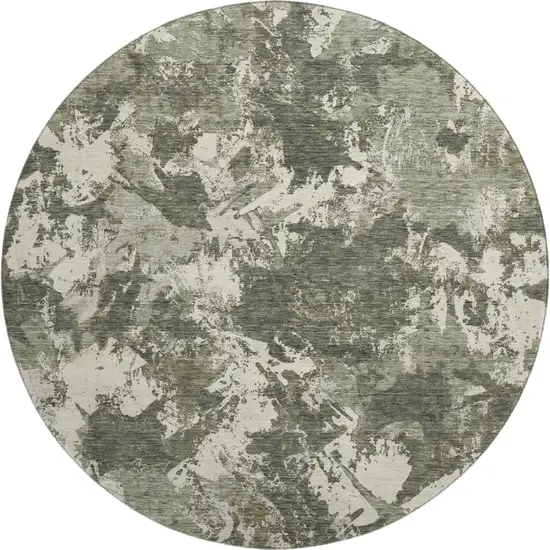 8' Olive Green Beige And Ivory Floral Washable Round Rug With UV Protection Photo 1