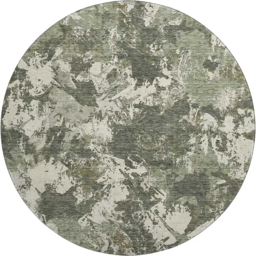 8' Olive Green Beige And Ivory Floral Washable Round Rug With UV Protection Photo 1