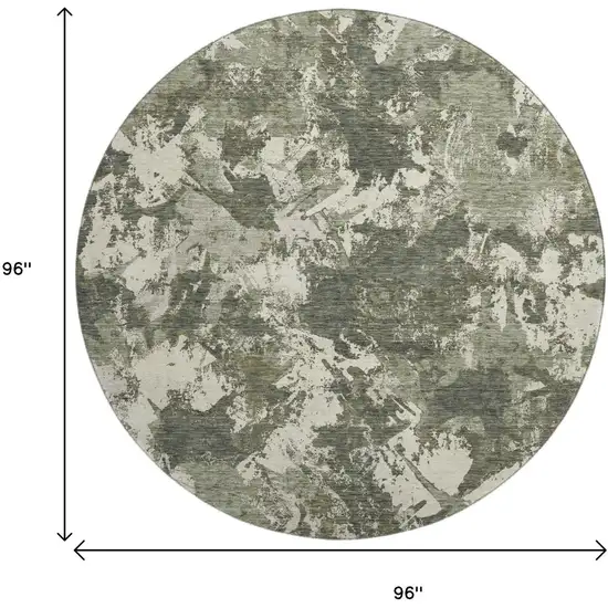 8' Olive Green Beige And Ivory Floral Washable Round Rug With UV Protection Photo 8