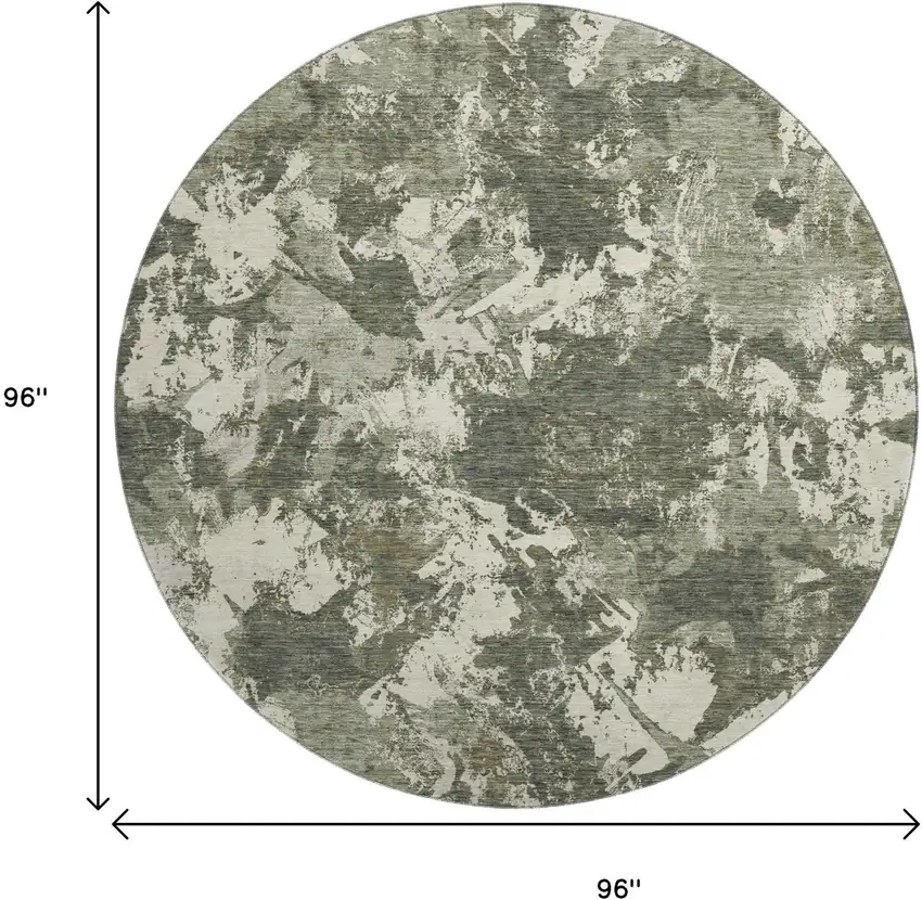 8' Olive Green Beige And Ivory Floral Washable Round Rug With UV Protection Photo 8