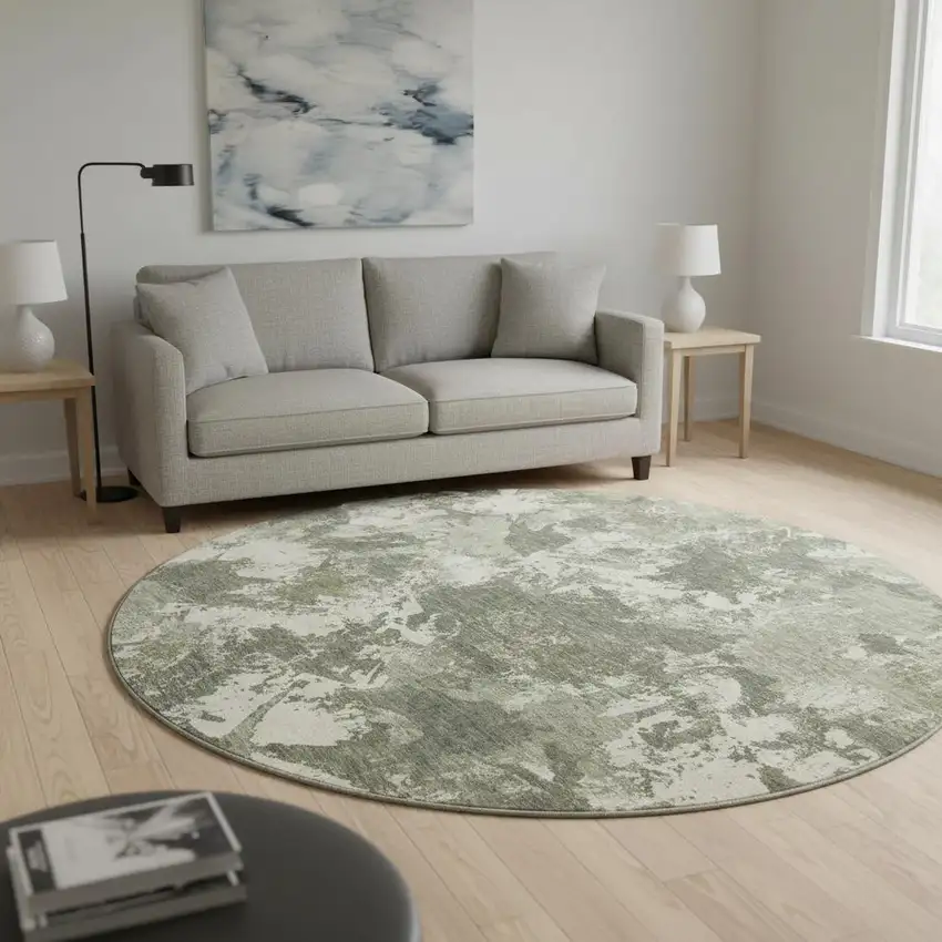 8' Olive Green Beige And Ivory Floral Washable Round Rug With UV Protection Photo 2