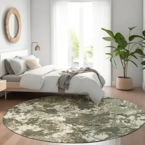 8' Olive Green Beige And Ivory Floral Washable Round Rug With UV Protection Photo 5