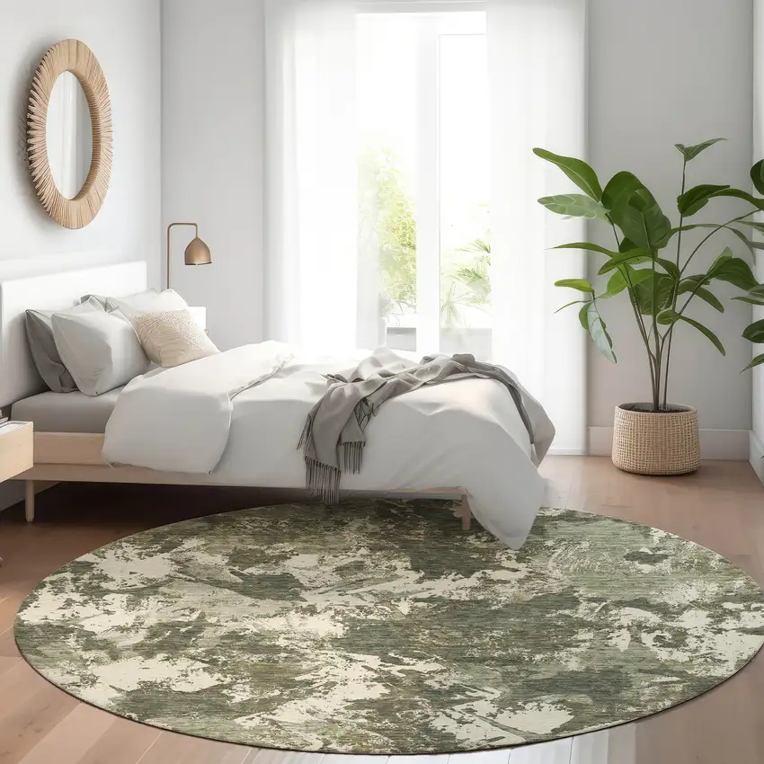 8' Olive Green Beige And Ivory Floral Washable Round Rug With UV Protection Photo 5