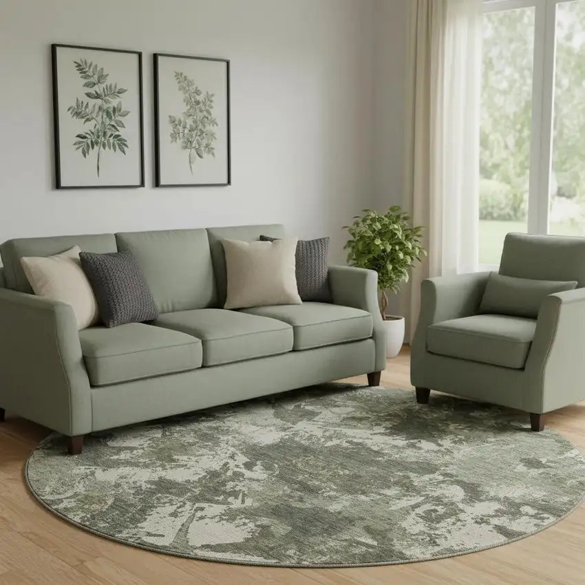 8' Olive Green Beige And Ivory Floral Washable Round Rug With UV Protection Photo 1