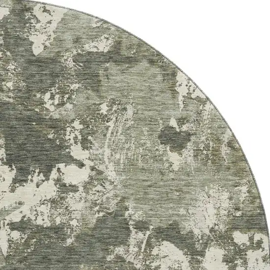 8' Olive Green Beige And Ivory Floral Washable Round Rug With UV Protection Photo 4