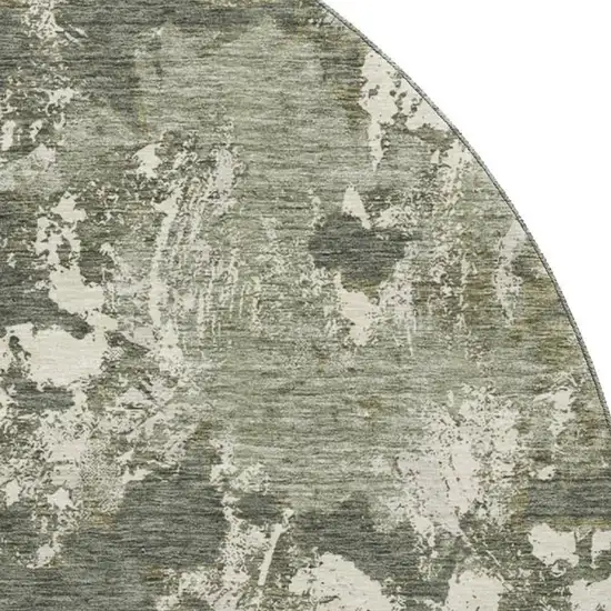 8' Olive Green Beige And Ivory Floral Washable Round Rug With UV Protection Photo 3