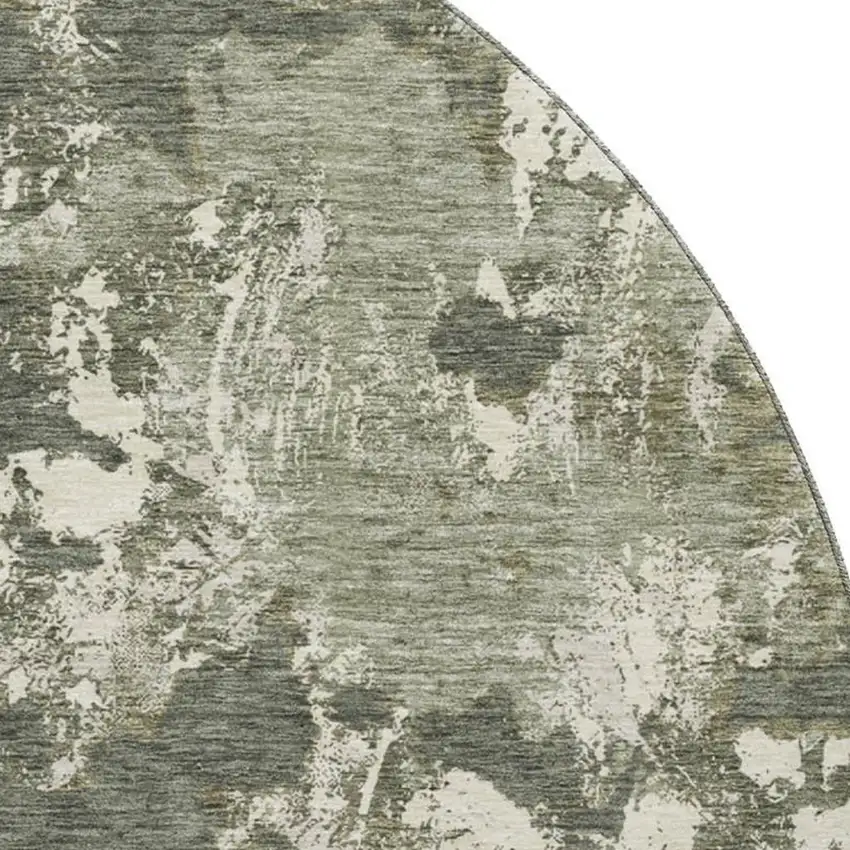 8' Olive Green Beige And Ivory Floral Washable Round Rug With UV Protection Photo 3