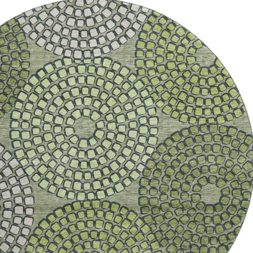 8' Olive Green Beige And Ivory Geometric Washable Round Rug With UV Protection Photo 3