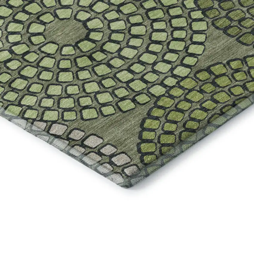 8' Olive Green Beige And Ivory Geometric Washable Round Rug With UV Protection Photo 7