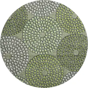 Photo of 8' Olive Green Beige And Ivory Geometric Washable Round Rug With UV Protection