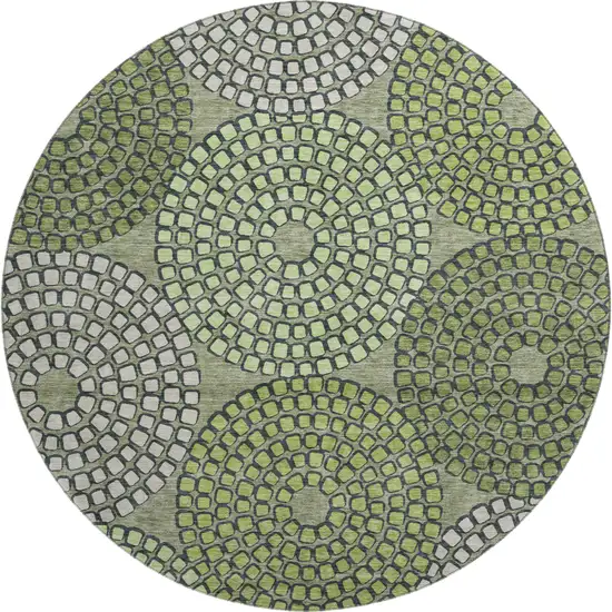 8' Olive Green Beige And Ivory Geometric Washable Round Rug With UV Protection Photo 1
