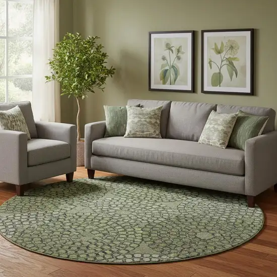 8' Olive Green Beige And Ivory Geometric Washable Round Rug With UV Protection Photo 1