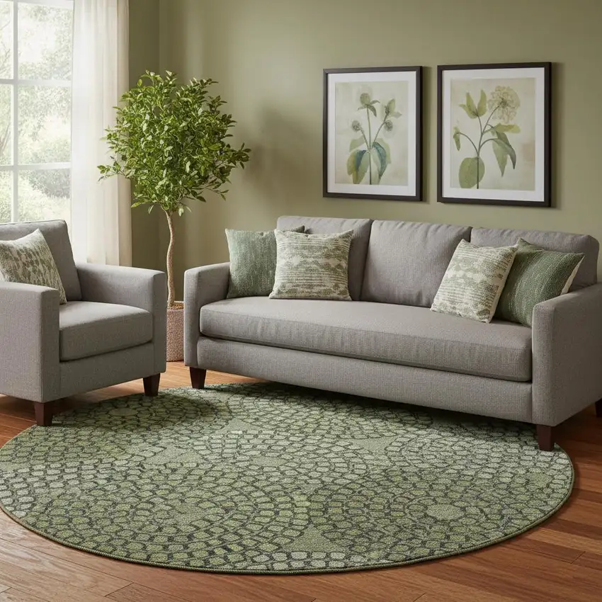 8' Olive Green Beige And Ivory Geometric Washable Round Rug With UV Protection Photo 1